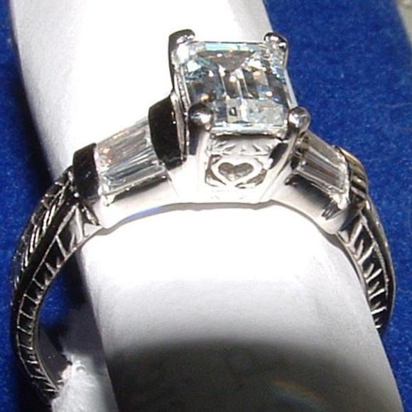 Emerald Cut Cz Engagement Ring Engraved Sides - Picture 1 of 8
